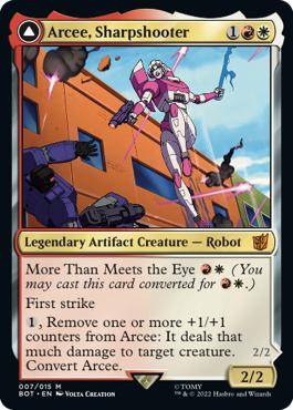 Arcee, Sharpshooter -> Arcee, Acrobatic Coupe - The Brothers' War Transformers Cards